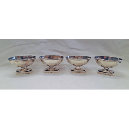 174 - SET OF 4 GEORGE III SILVER OVAL SALTS ON SQUARE PLINTH BASES WITH FLORAL SWAG DECORATION LONDON 1792... 