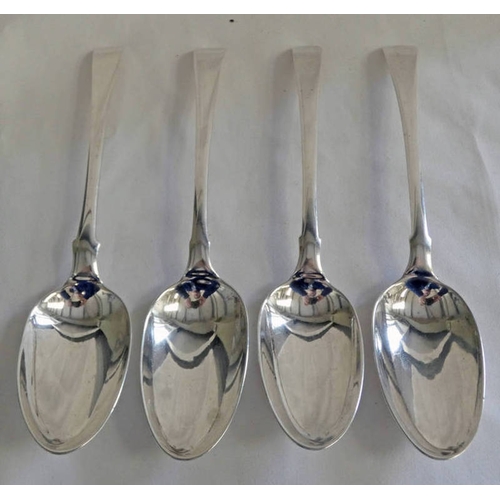 180 - SET OF 4 EARLY GEORGE III SILVER TABLE SPOONS LONDON 1763, MAKERS MARKS RUBBED - 280G