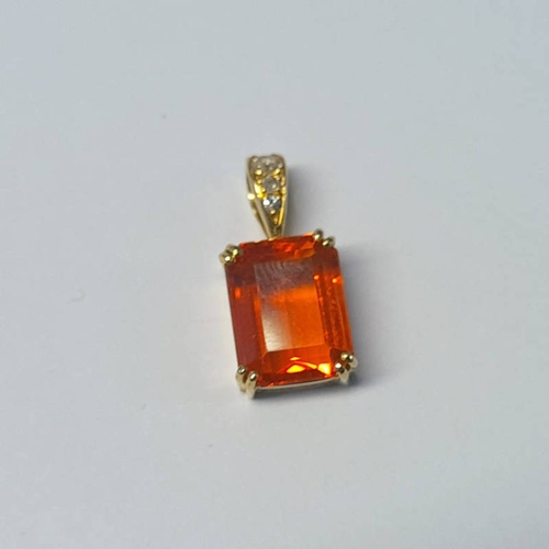 183 - 18CT GOLD FIRE OPAL & DIAMOND SET PENDANT - 2CM LONG INCLUDING BALE, 3.1G