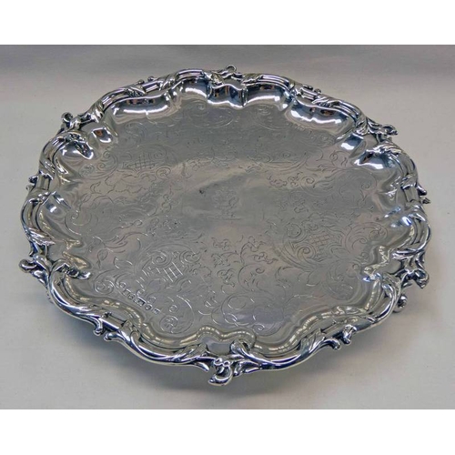 2 - VICTORIAN SILVER CARD TRAY WITH FOLIATE SCROLL DECORATION BY WILLIAM SIMPSON BIRMINGHAM 1844 - 21CM ... 