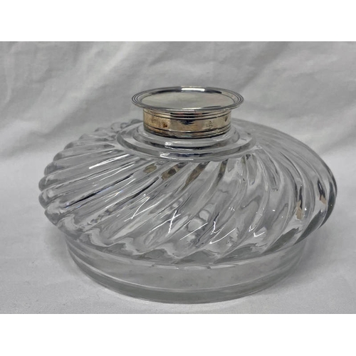 208 - SILVER TOPPED CUT GLASS INKWELL WITH SWIRLED DECORATION, LONDON 1891 - 14CM DIAMETER