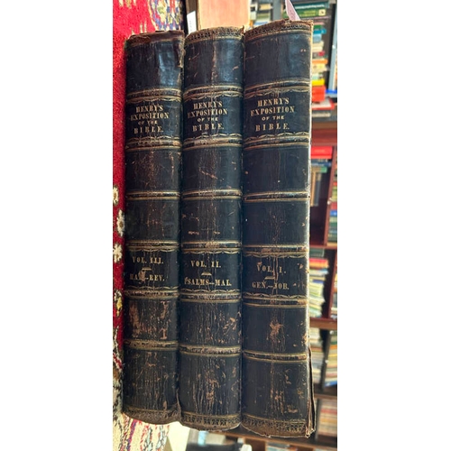 2219 - AN EXPOSITION ON THE OLD AND NEW TESTAMENT BY MATTHEW HENRY, IN 3 HALF LEATHER BOUND VOLUMES - 1786