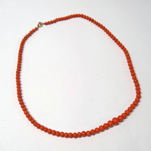 226 - EARLY 20TH CENTURY CORAL BEAD NECKLACE ON A 9CT GOLD CLASP - 58CM LONG, 29.5G