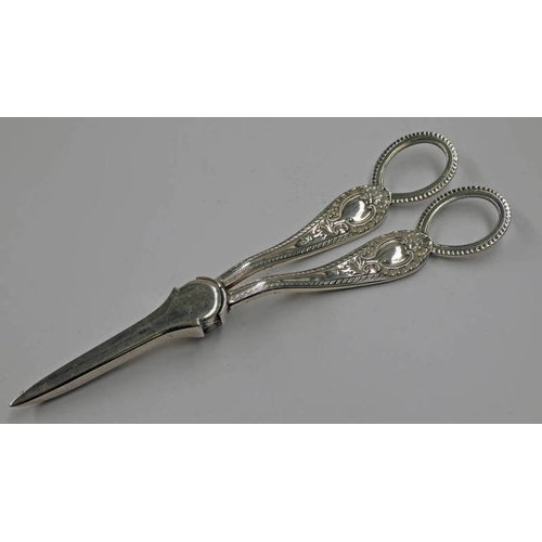 228 - PAIR OF VICTORIAN SILVER GRAPE SCISSORS, THE HANDLES WITH FEATHER EDGE DECORATION, SHEFFIELD 1888