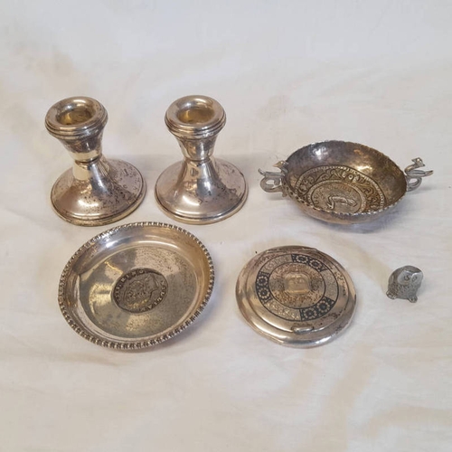 233 - PAIR OF SILVER DWARF CANDLESTICKS, INDIAN WHITE METAL DISH, ETC