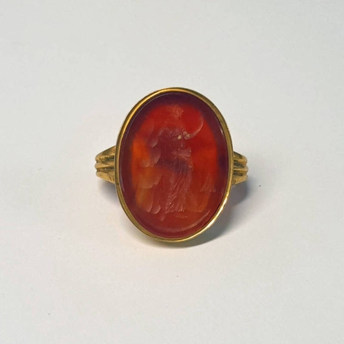 250 - 9CT GOLD CARNELIAN INTAGLIO SEAL SCARF SLIDE SHOWING A WOMAN STOOD BESIDE AN ANCHOR BY A CLIFF DEPIC... 