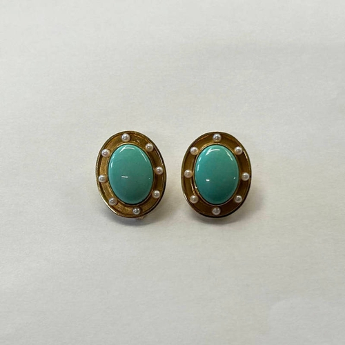 258 - PAIR 18CT GOLD & SILVER OVAL TURQUOISE & PEARL EARCLIPS - 2.4 CM LONG