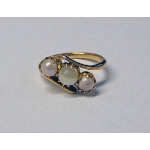 283 - 18CT GOLD 3-PEARL TWIST RING - 3.9G, RING SIZE L 1/2