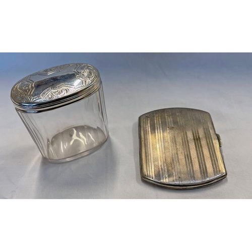 288 - SILVER ENGINE TURNED CARD CASE, CHESTER 1914 & SILVER TOPPED GLASS DRESSING TABLE JAR - 100 G WEIGHA... 