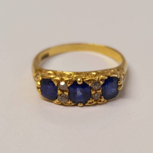 290 - 19TH CENTURY 18CT GOLD SAPPHIRE & DIAMOND RING, THE 3 OVAL SAPPHIRES INTERSPERSED WITH 2 PAIRS OF DI... 