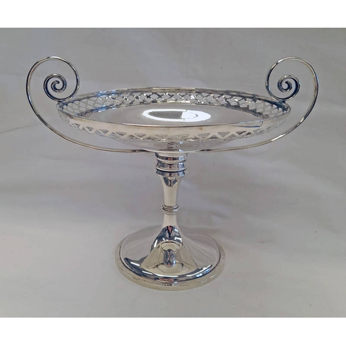 316 - SILVER COMPORT WITH PIERCED BORDER & TWIN SCROLL ARMS, SHEFFIELD 1905 - 23CM WIDE, 365G