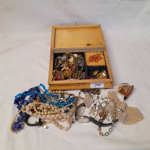 349 - WOODEN JEWELLERY BOX INCLUDING NECKLACES, BROOCHES, RINGS, ETC