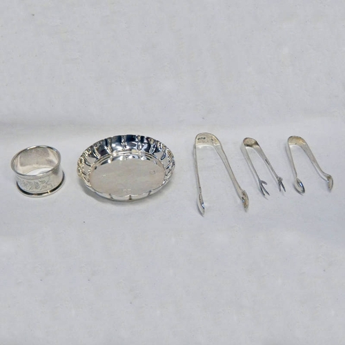 356 - SILVER DISH, 3 SILVER SUGAR TONGS & SILVER NAPKIN RING - 115G TOTAL