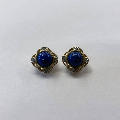 358 - PAIR 9CT GOLD LAPIS LAZULI & DIAMOND EARCLIPS