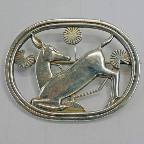 363 - GEORG JENSEN DANISH SILVER KNEELING FAWN BROOCH, NO 256 HALLMARKED, LONDON 1959