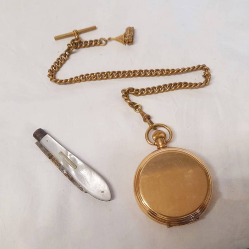 371 - GOLD PLATED HUNTER POCKETWATCH ON WATCH CHAIN & A SILVER & MOTHER OF PEARL APPLE KNIFE