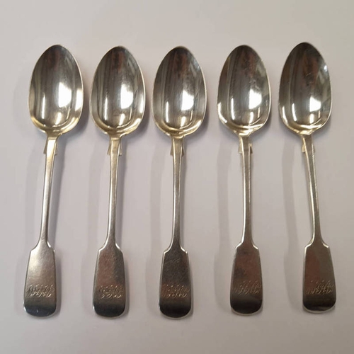 382 - SET OF 5 VICTORIAN SILVER FIDDLE PATTERN TEASPOONS, LONDON 1848 - 115G