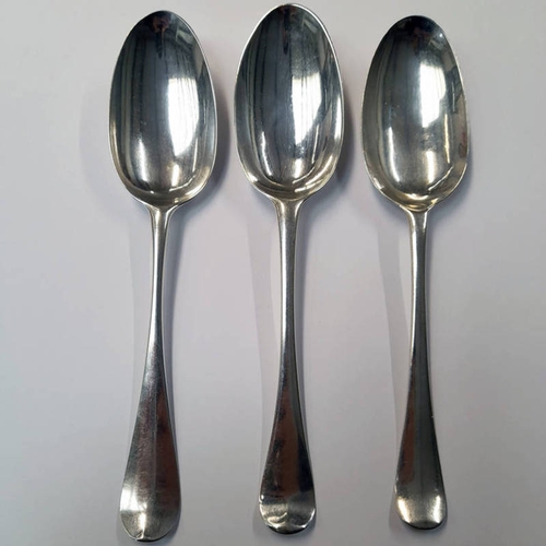 390 - 3 GEORGE III SILVER TABLESPOONS, MARKED RUBBED CIRCA 1780 - 170G