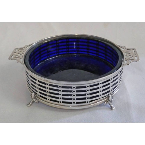 40 - SILVER 2-HANDLED BUTTER DISH WITH BLUE GLASS LINER BY ADIE BROTHERS BIRMINGHAM 1938 - 13.5CM WIDE, 6... 