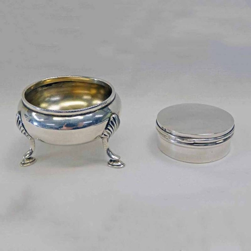 408 - VICTORIAN SILVER CIRCULAR SALT ON 3 SHAPED SUPPORTS, SHEFFIELD 1856 & SILVER CIRCULAR TRINKET BOX, B... 