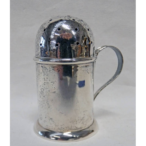 412 - SILVER SUGAR POT WITH SCROLL HANDLE, BIRMINGHAM 1893 - 8.5CM TALL, 65G