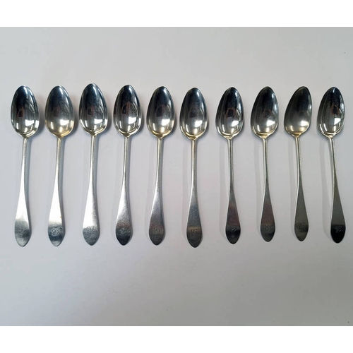 415 - SET 10   18TH CENTURY SCOTTISH PROVINCIAL SILVER TEASPOONS BY EDWARD LIVINGSTONE, DUNDEE, CIRCA 1790... 