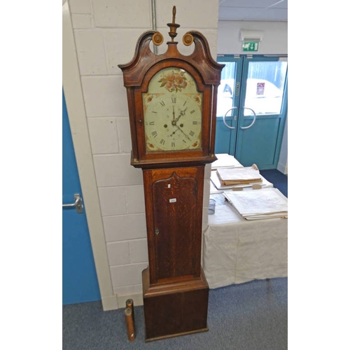 5018 - 19TH CENTURY INLAID OAK GRANDFATHER CLOCK WITH PAINTED DIAL SIGNED T BARCLAY, MONTROSE