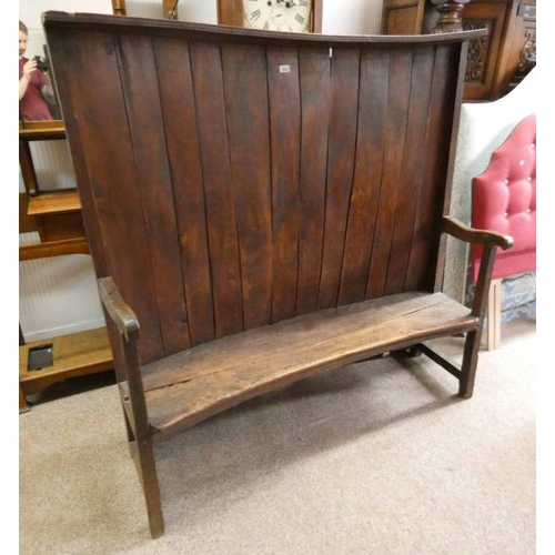 5043 - 18TH CENTURY OAK BENCH WITH PANELLED BACK ON SQUARE SUPPORTS. OVERALL LENGTH 146 CM