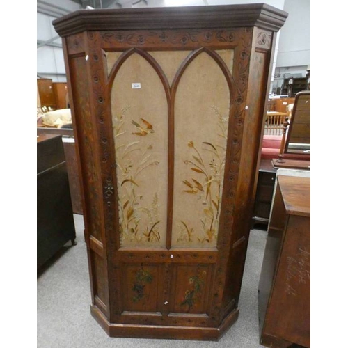 5046 - 19TH CENTURY CARVED PINE CORNER CABINET WITH PAINTED FLORAL DECORATION & SINGLE PANEL DOOR WITH DECO... 