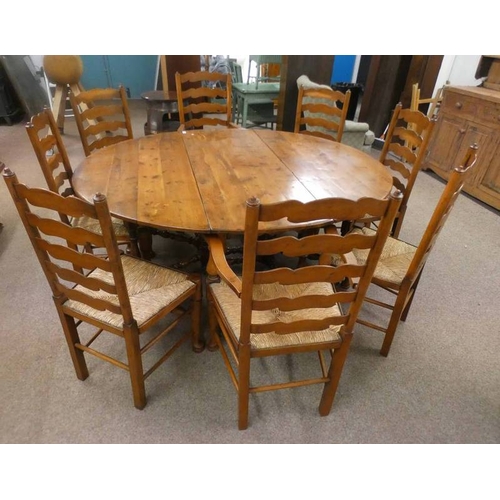 5071 - 19TH CENTURY YEW WOOD GATE LEG DINING TABLE ON TURNED SUPPORTS & SET OF 8 YEW WOOD LADDER BACK CHAIR... 