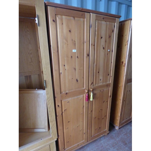 5076 - PINE 2 DOOR WARDROBE ON BUN FEET, 185CM TALL