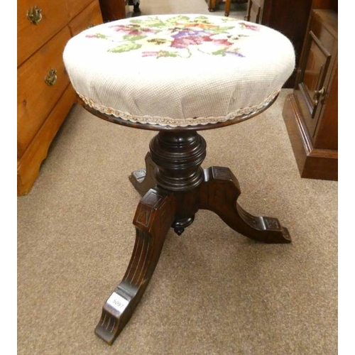 5097 - 19TH CENTURY MAHOGANY CIRCULAR RISE & FALL PIANO STOOL WITH FLORAL TAPESTRY TOP ON 3 SPREADING SUPPO... 