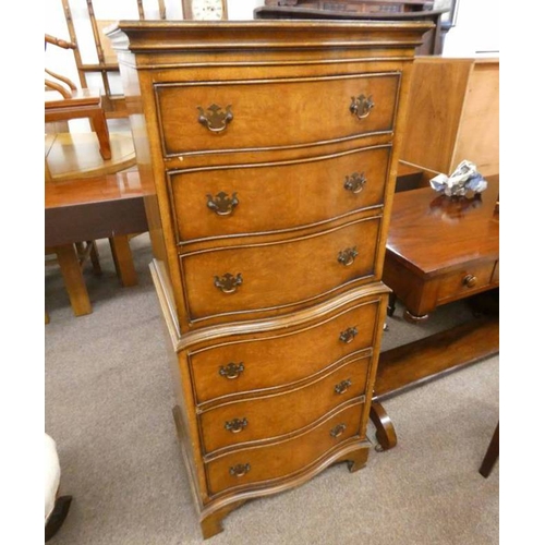 5099 - 20TH CENTURY WALNUT TALL CHEST WITH SERPENTINE FRONT & 6 DRAWERS ON BRACKET SUPPORTS, 130CM TALL