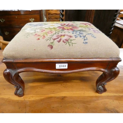 5103 - 19TH CENTURY MAHOGANY FOOTSTOOL WITH FLORAL TAPESTRY TOP ON CABRIOLE SUPPORTS