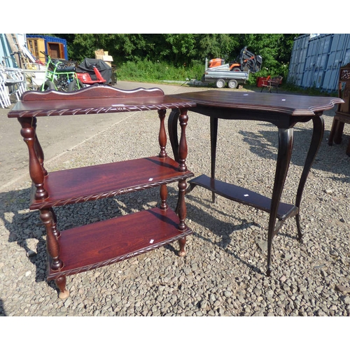 5104 - MAHOGANY 3 TIER WHAT-NOT & MAHOGANY TABLE ON SHAPED SUPPORTS