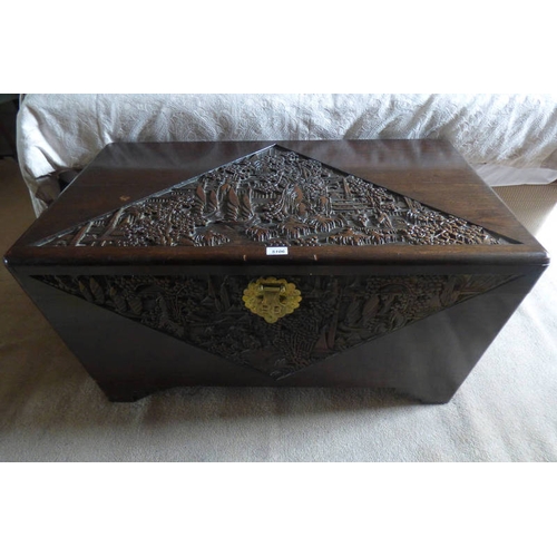 5106 - EARLY 20TH CENTURY CAMPHORWOOD TRUNK WITH CARVED DECORATION & INTERIOR FITTED WITH SLIDE, LENGTH 101... 