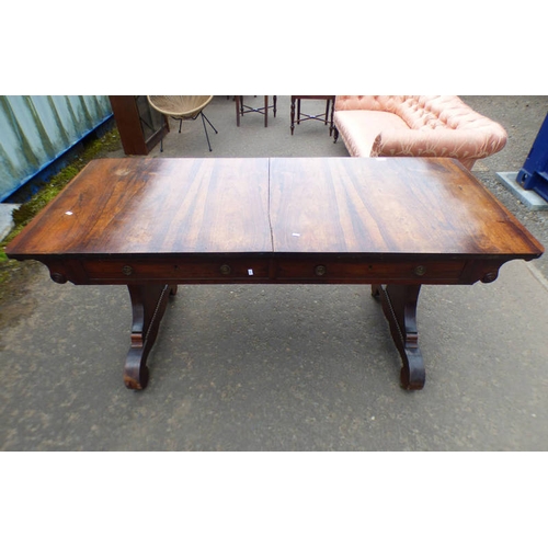 5157 - 19TH CENTURY ROSEWOOD LIBRARY TABLE WITH 2 DRAWERS & SHAPED ENDS  152 CM LONG