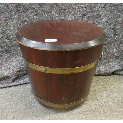 5206 - BRASS BOUND MAHOGANY LIDDED TUB, OVERALL HEIGHT 37CM