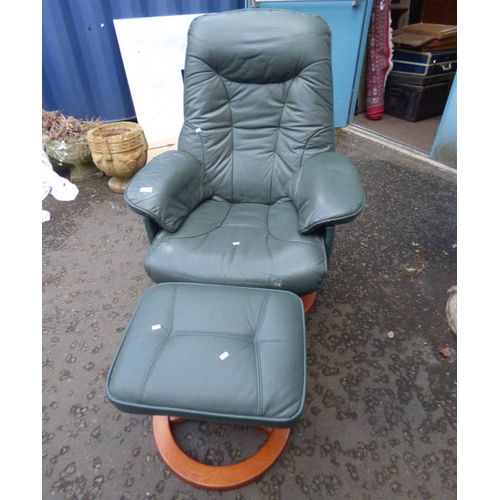 5209 - GREEN LEATHER SWIVEL ARMCHAIR & MATCHING STOOL