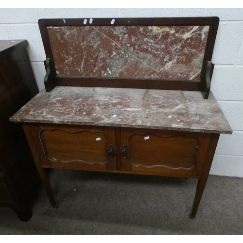 5216 - MAHOGANY MARBLE TOPPED WASHSTAND ON SQUARE SUPPORTS