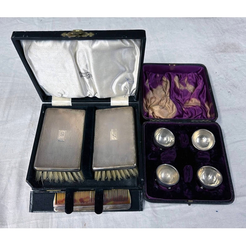 53 - CASED PAIR OF SILVER BRUSHES & COMB SET OF VICTORIAN SILVER SALTS IN ASSOCIATED CASE