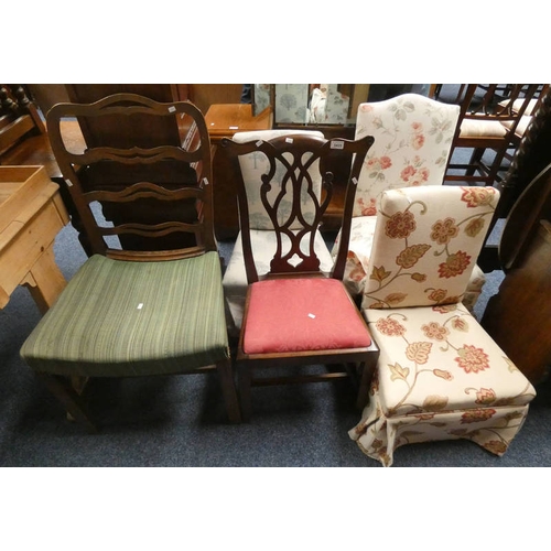 5425 - 19TH CENTURY MAHOGANY DINING CHAIR ON SQUARE SUPPORTS, PAIR OVERSTUFFED BEDROOM CHAIRS ON CARVED OAK... 