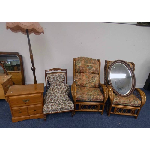 5428 - PAIR OF BAMBOO ARMCHAIRS & MAHOGANY FRAMED OVAL MIRROR, PINE BEDSIDE CABINET, ETC