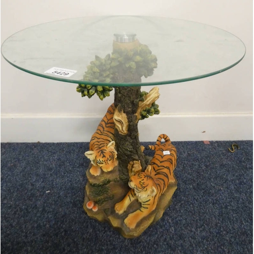 5429 - GLASS TOPPED CIRCULAR OCCASIONAL TABLE ON DECORATIVE RESIN PEDESTAL OF 2 TIGERS BY A TREE SIGNED 'NO... 