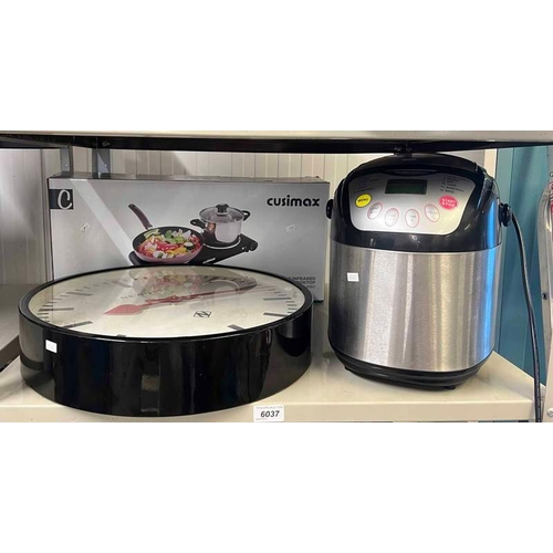 6037 - CUSIMAX DOUBLE INFRARED COOK TOP IN BOX, LARGE WALL CLOCK AND A TESCO BREAD MAKER -3-