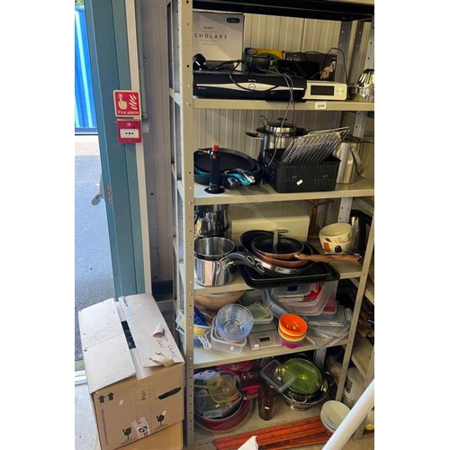 6048 - SKY HD BOX, POTS, PANS, TUPPER WARE, BOX OF GLASS JARS, ETC OVER ON SHELVING UNIT