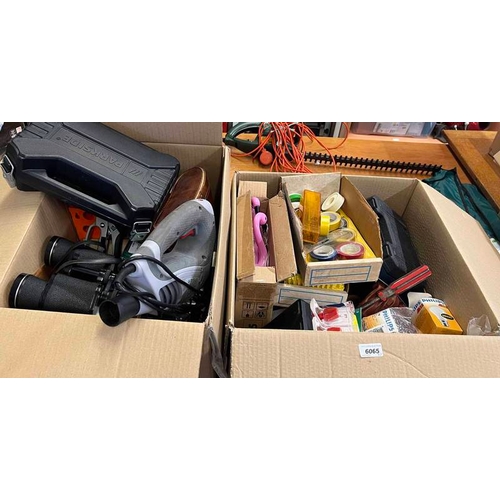 6065 - TWO BOXES CONTAINING VARIOUS TOOLS AND FITTINGS TO INCLUDE CALIPER, DRILL, BINOCULARS, ETC