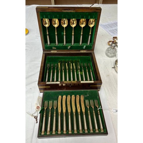 65 - 12 PLACE SETS OF SILVER-GILT DESSERT KNIVES, FORKS & SPOONS WITH MOTHER OF PEARL & SILVER - GILT HAN... 