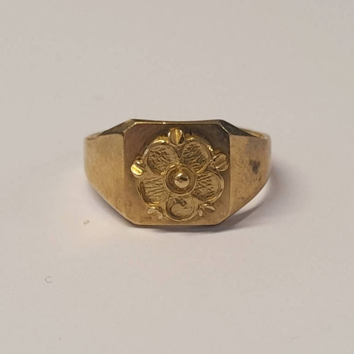 70 - 9CT GOLD ROSE SIGNET RING - 3.6G, RING SIZE V