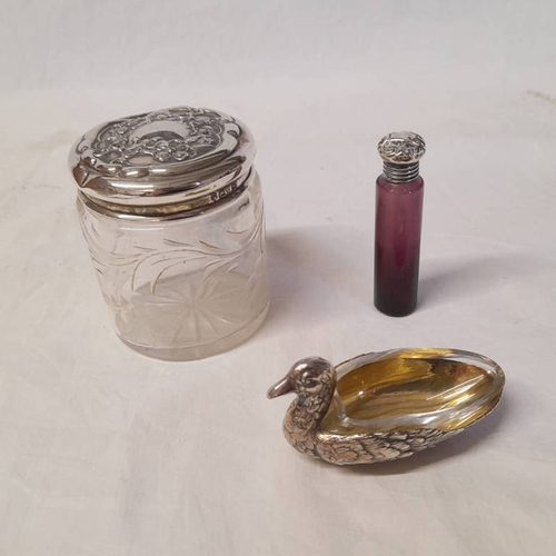 717 - WMF SILVER PLATED DUCK SALT WITH GLASS LINER, ART NOUVEAU SILVER TOPPED GLASS JAR & SILVER TOPPED PU... 